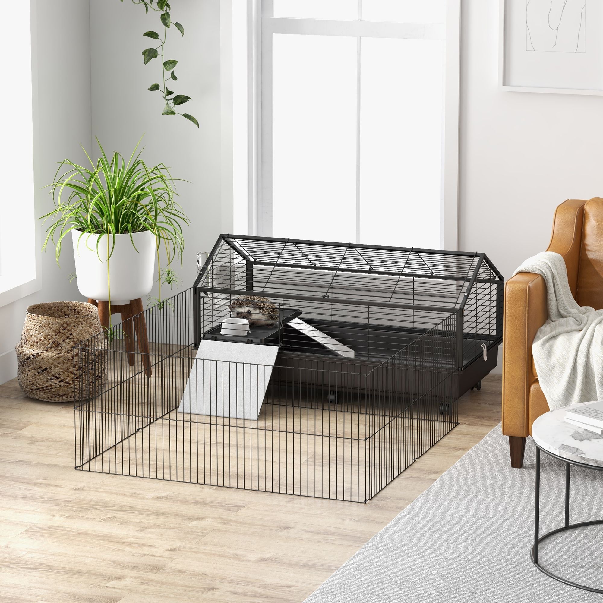 Spacious Rolling Small Animal Cage with Foldable Run - Includes Bowl & Water Fountain