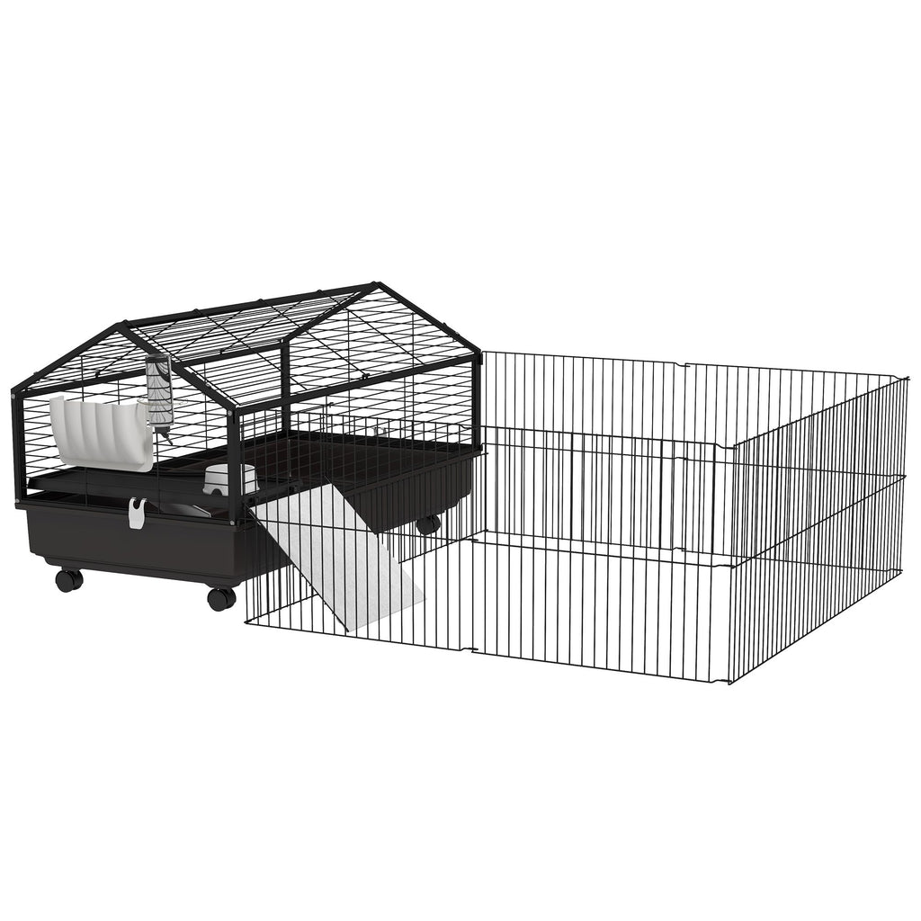Spacious Rolling Small Animal Cage with Foldable Run - Includes Bowl & Water Fountain