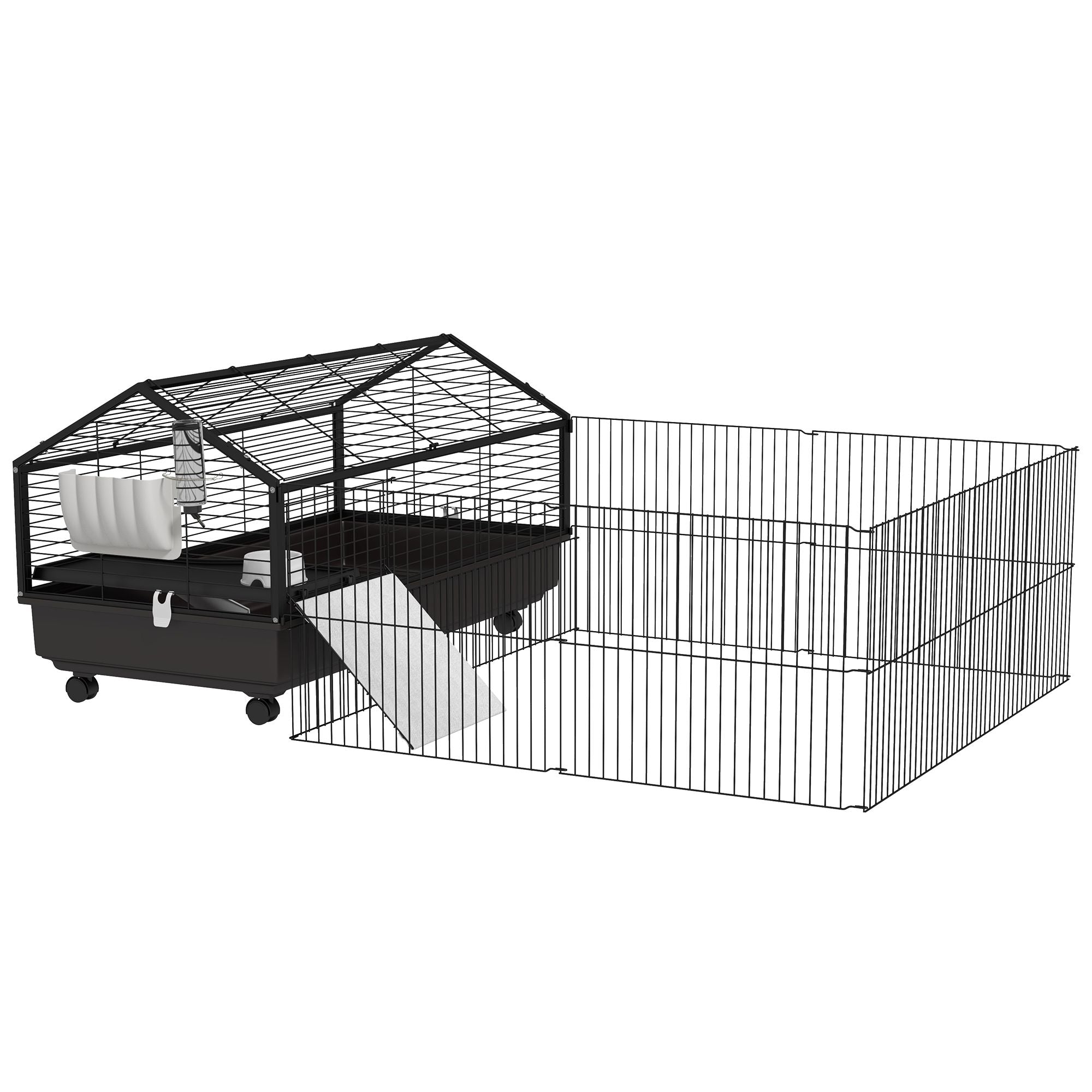 Spacious Rolling Small Animal Cage with Foldable Run - Includes Bowl & Water Fountain