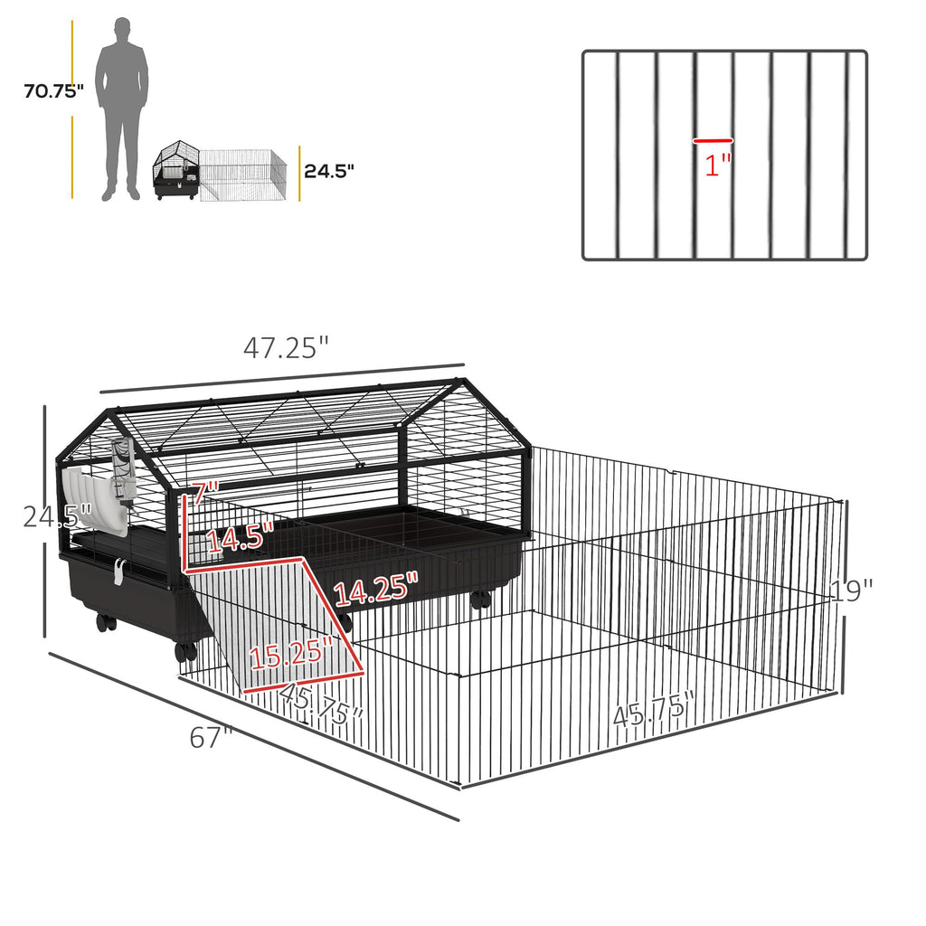 Spacious Rolling Small Animal Cage with Foldable Run - Includes Bowl & Water Fountain