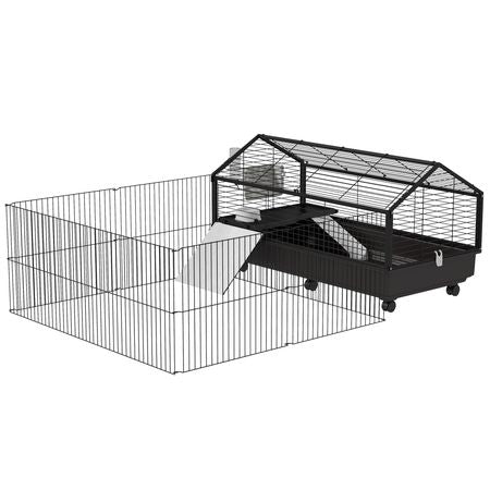 Spacious Rolling Small Animal Cage with Foldable Run - Includes Bowl & Water Fountain