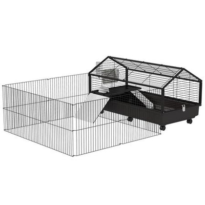 Spacious Rolling Small Animal Cage with Foldable Run - Includes Bowl & Water Fountain