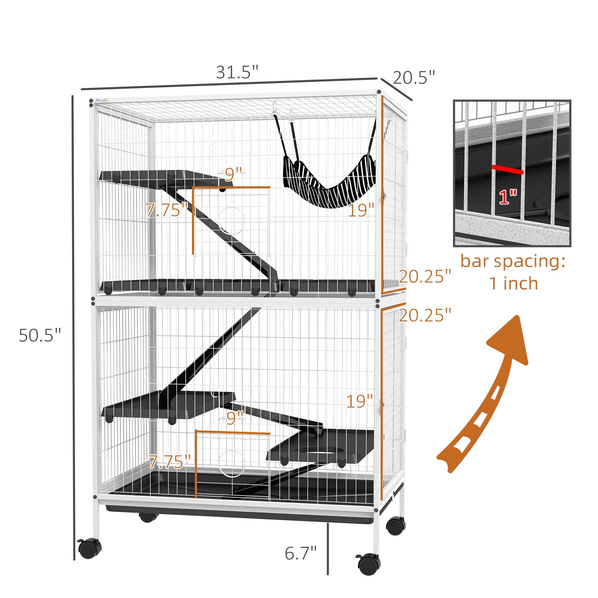 50- Rolling Pet Cage with Hammock & 4 Doors for Ferrets and Chinchillas