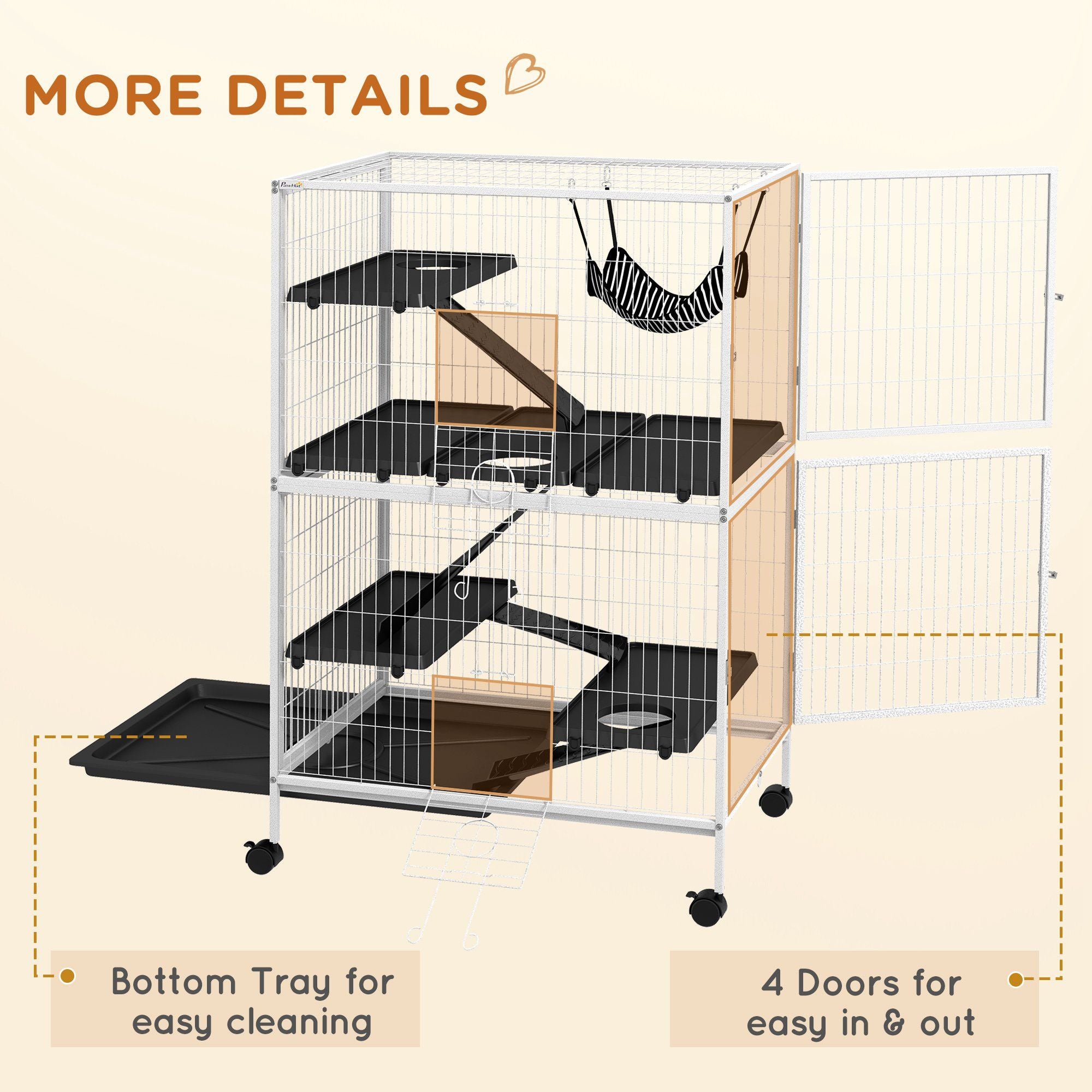 50- Rolling Pet Cage with Hammock & 4 Doors for Ferrets and Chinchillas