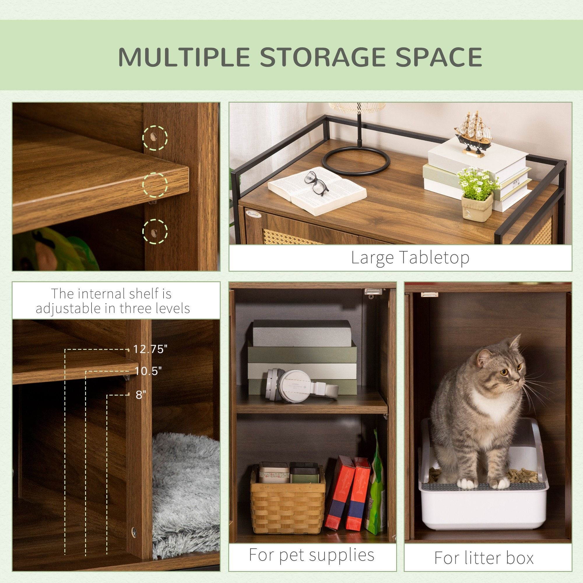 Shelved Hidden Litter Box Enclosure with Spacious Top and Interior, Large Cat Litter House End Table for Indoor Cats with Hidden Storage Cabinet Space