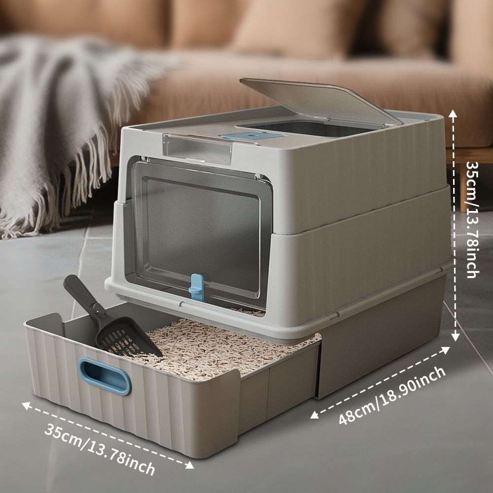 Sleek Gray Cat Litter Box with Open Design and Large Comfortable Space
