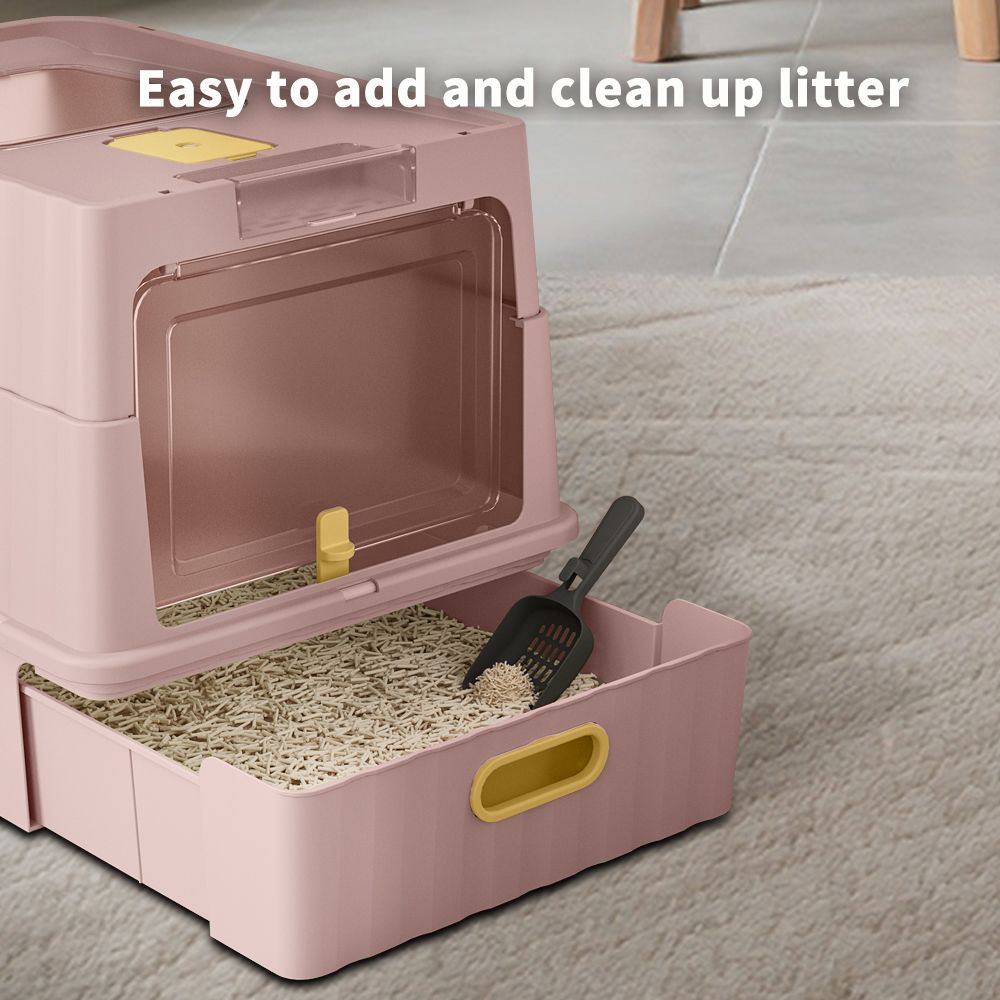 Pink Cat Litter Box: Drawer Style, Transparent Walls, Scoop Included