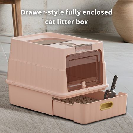 Pink Cat Litter Box: Drawer Style, Transparent Walls, Scoop Included