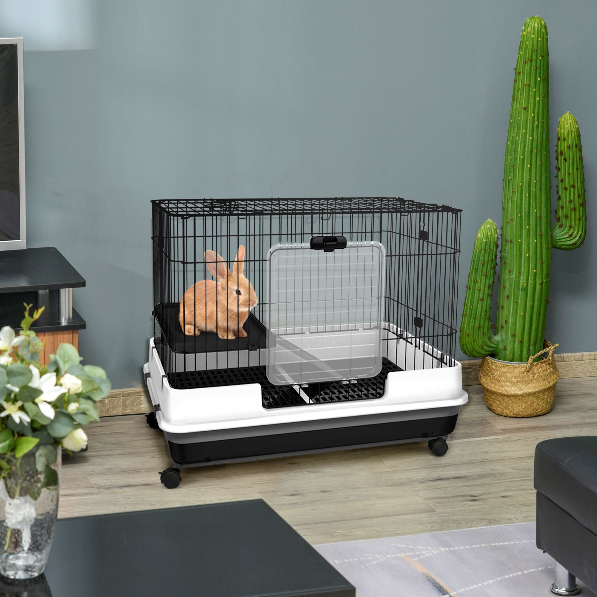 PawHut 2-Level Small Animal Cage with Wheels and Removable Tray for Bunnies, Chinchillas, Ferrets