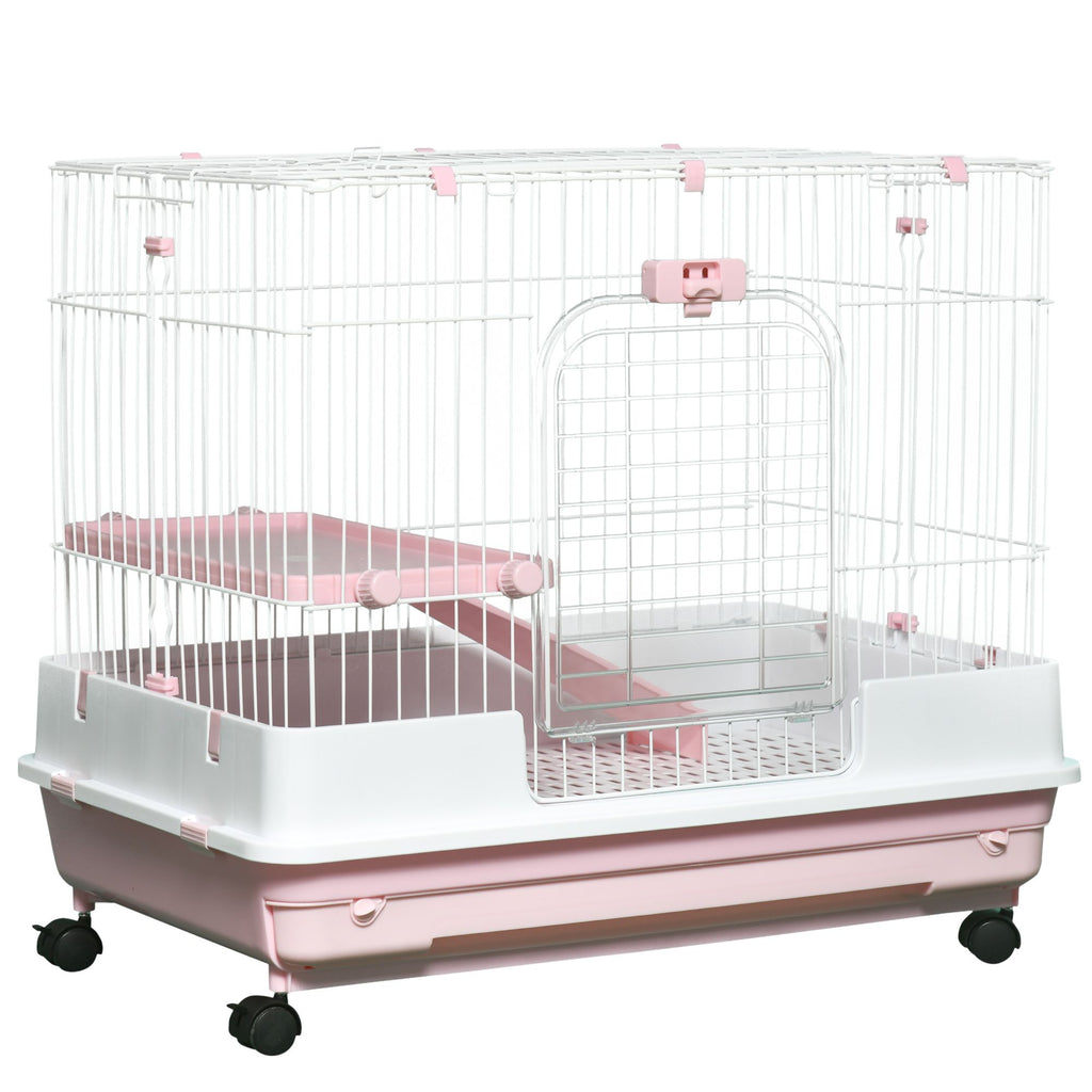 Pink Wheeled Two-Level Small Animal Cage with Removable Tray