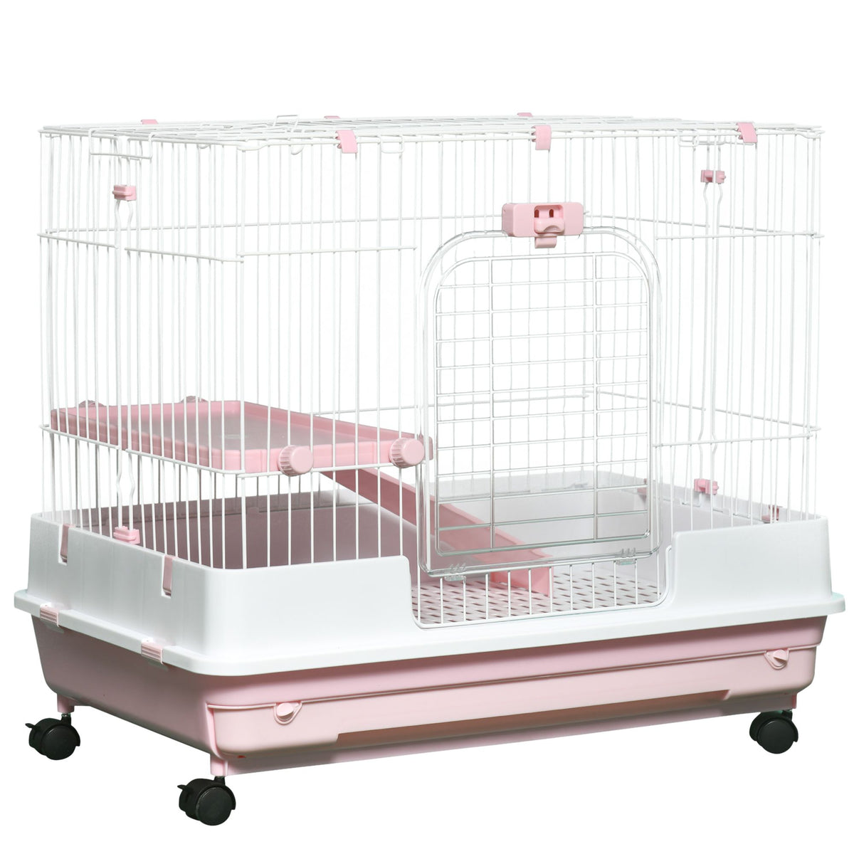 Pink Wheeled Two-Level Small Animal Cage with Removable Tray