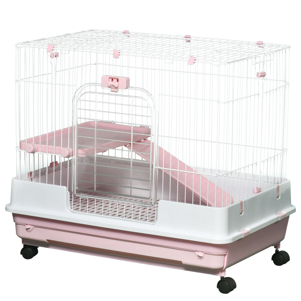 Pink Wheeled Two-Level Small Animal Cage with Removable Tray