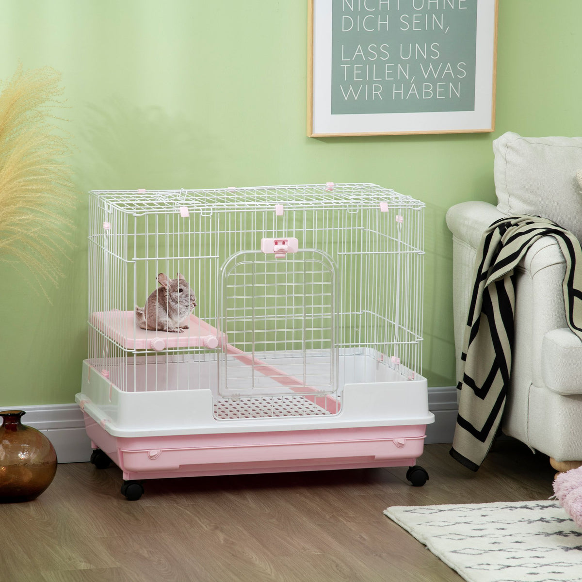 Pink Wheeled Two-Level Small Animal Cage with Removable Tray