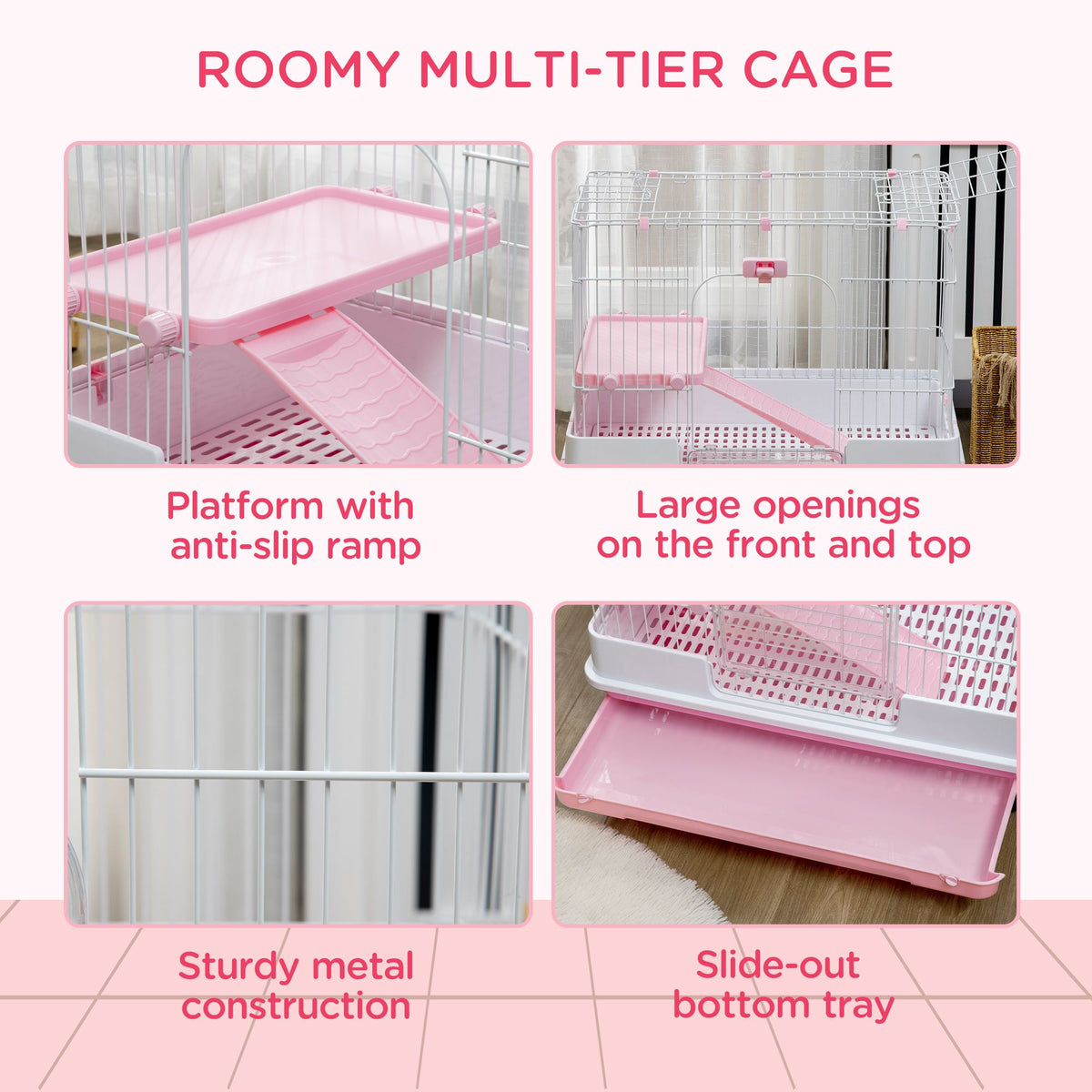 Pink Wheeled Two-Level Small Animal Cage with Removable Tray