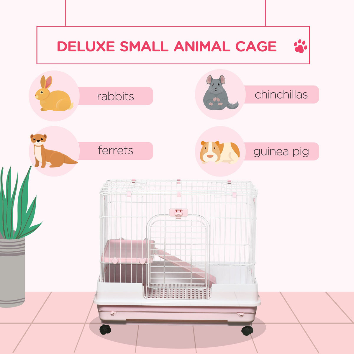 Pink Wheeled Two-Level Small Animal Cage with Removable Tray