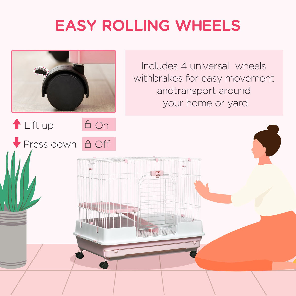 Pink Wheeled Two-Level Small Animal Cage with Removable Tray