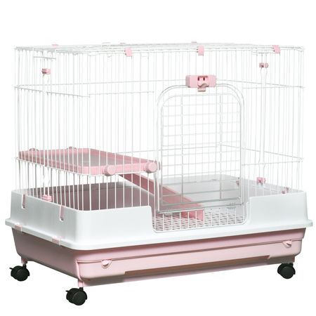 Pink Wheeled Two-Level Small Animal Cage with Removable Tray