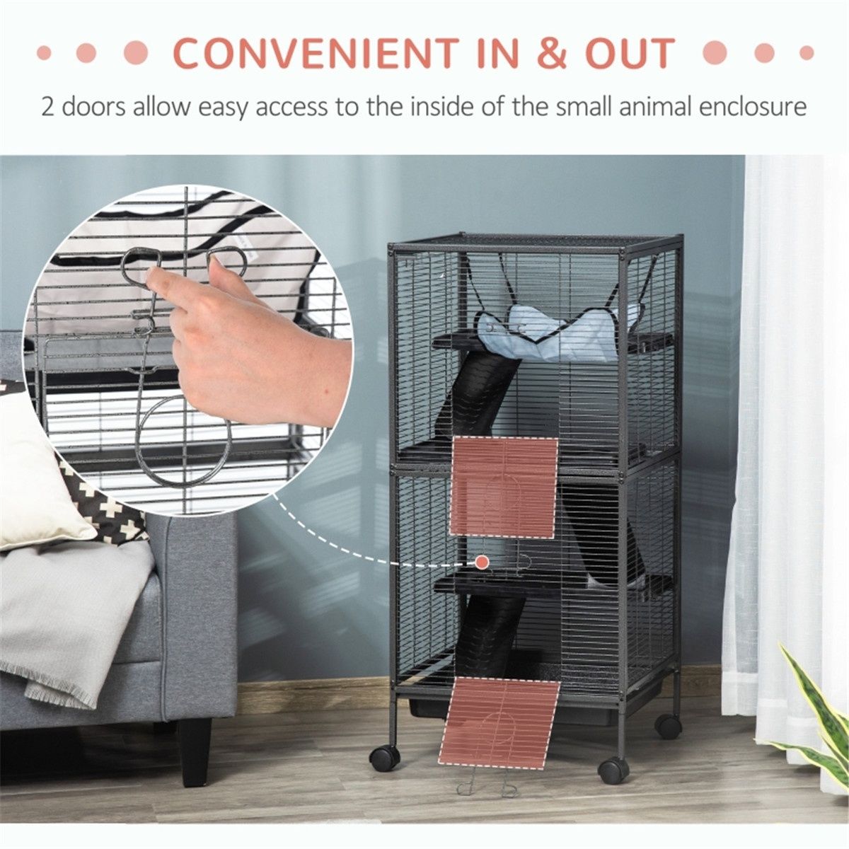 4-Tier Small Animal Cage on Wheels with Hammock & Ramp