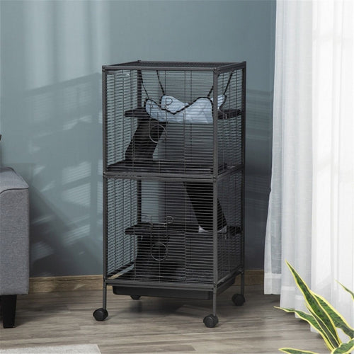 4-Tier Small Animal Cage on Wheels with Hammock & Ramp