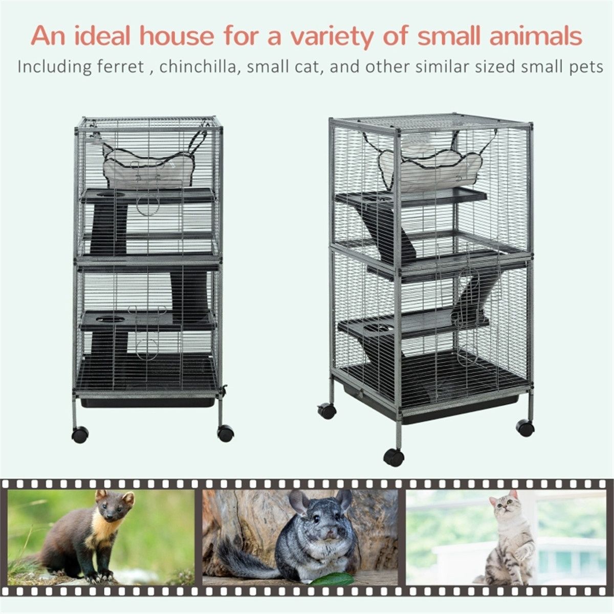 4-Tier Small Animal Cage on Wheels with Hammock & Ramp