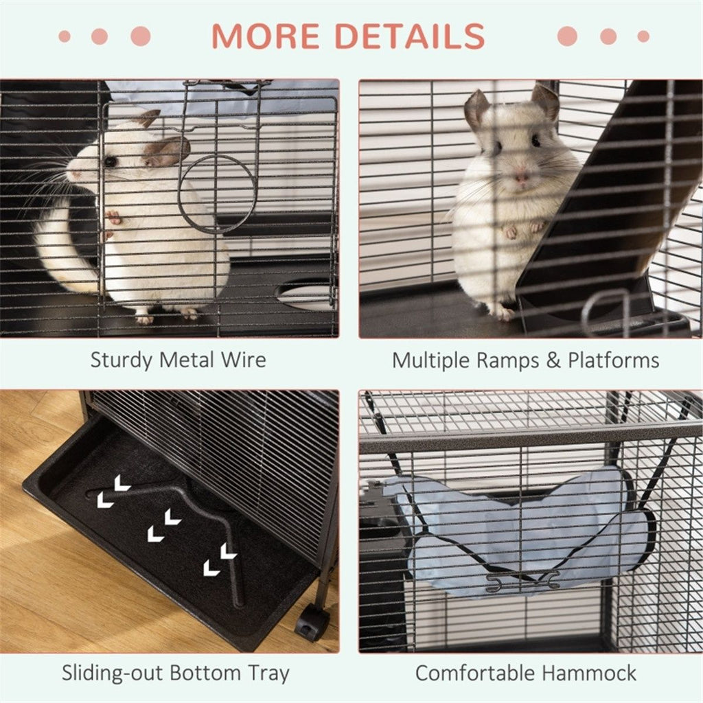 4-Tier Small Animal Cage on Wheels with Hammock & Ramp