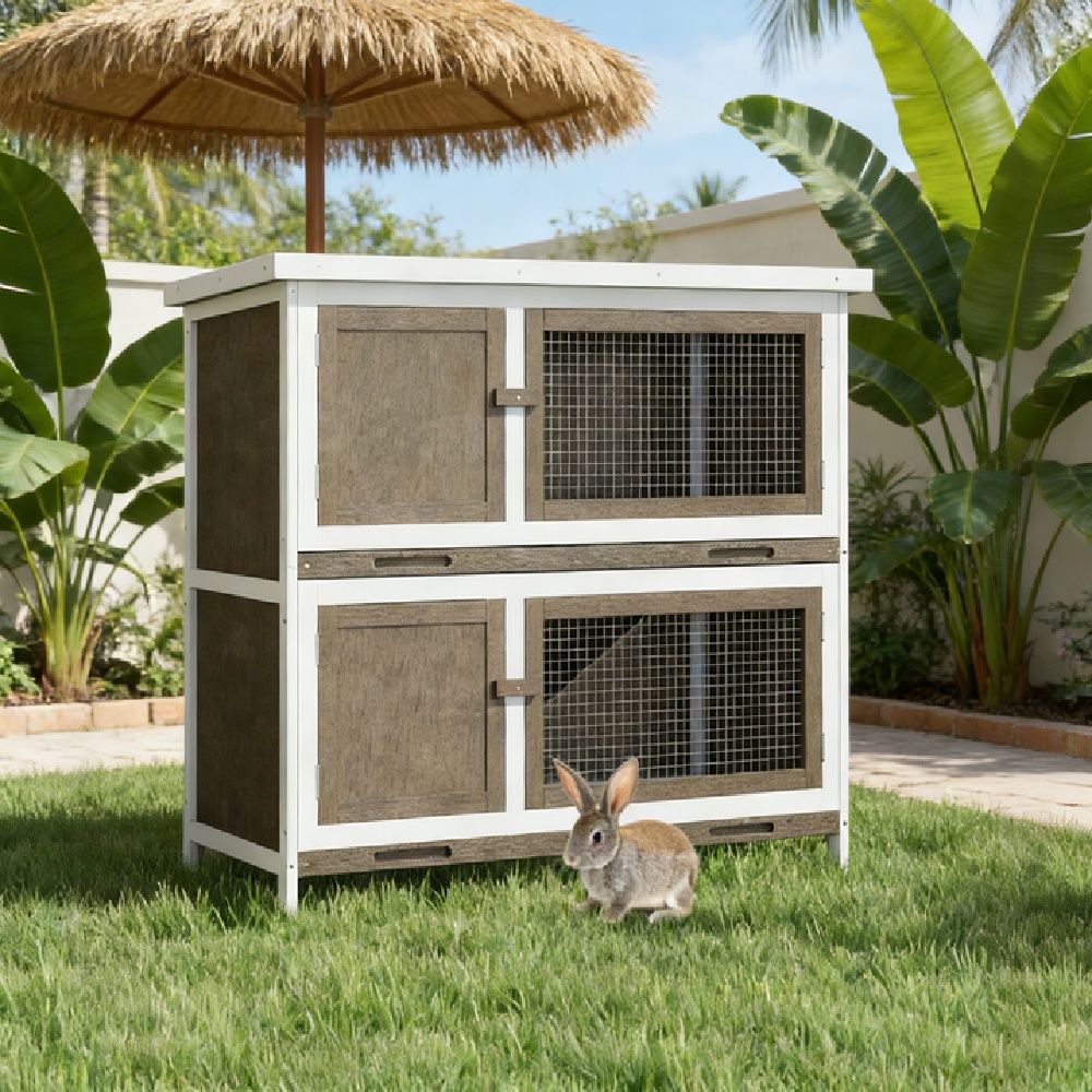 2-Story Rabbit Hutch with Asphalt Roof & Pull-Out Trays