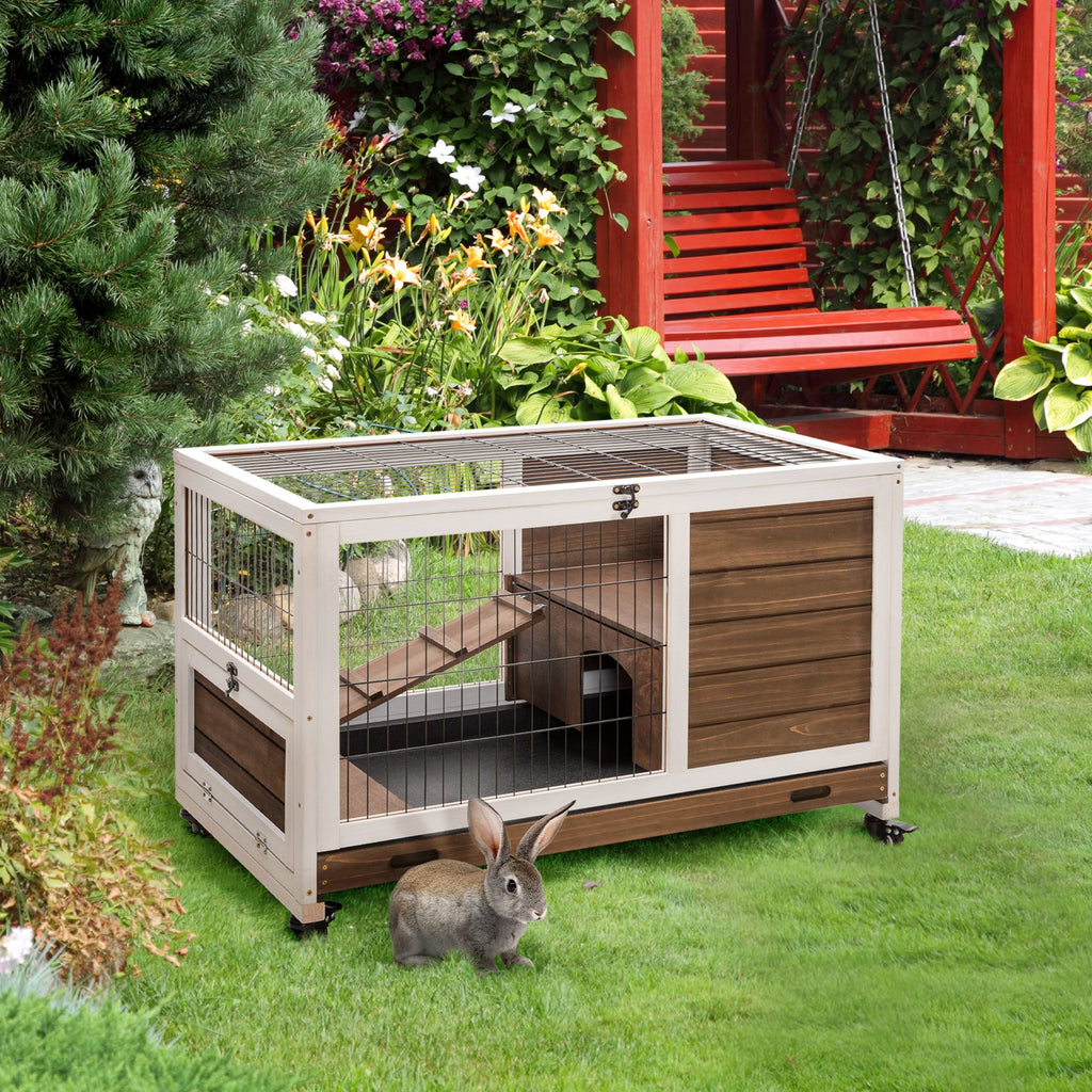Solid furniture-style Small Animal Playpen Cage with Wheels, Ramp, and Easy-Clean Tray