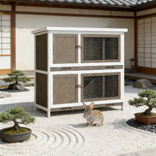2-Story Rabbit Hutch with Asphalt Roof & Pull-Out Trays