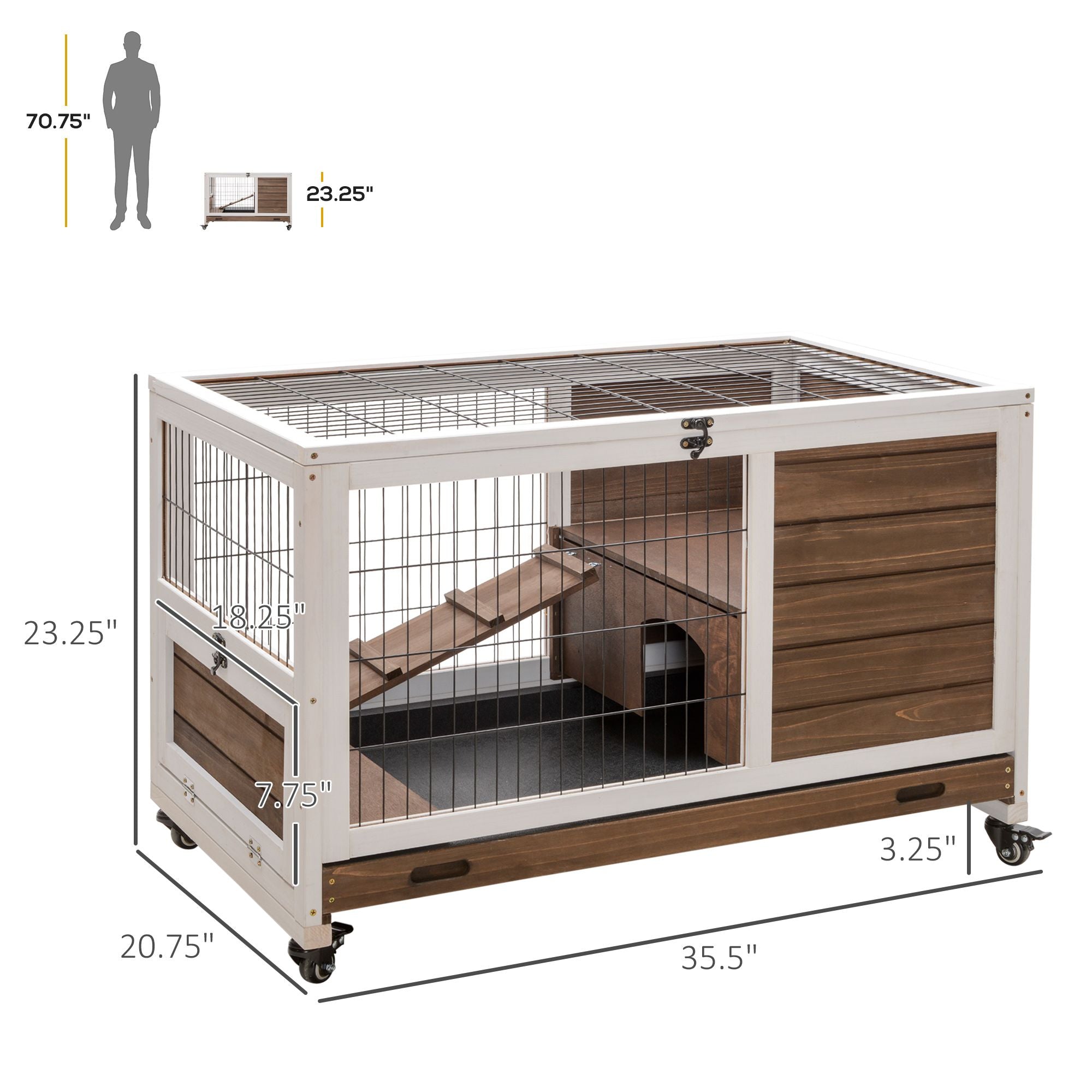 Solid furniture-style Small Animal Playpen Cage with Wheels, Ramp, and Easy-Clean Tray
