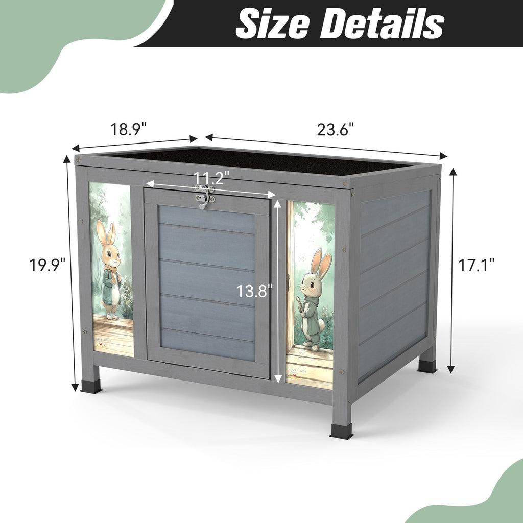 Small Outdoor Wooden Rabbit Hutch with Lockable Door & Weatherproof Roof, Openable Top, Bunny Cage Pet House for Rabbits, Guinea Pigs Cats Chicks , Gray with Colorful Patterns