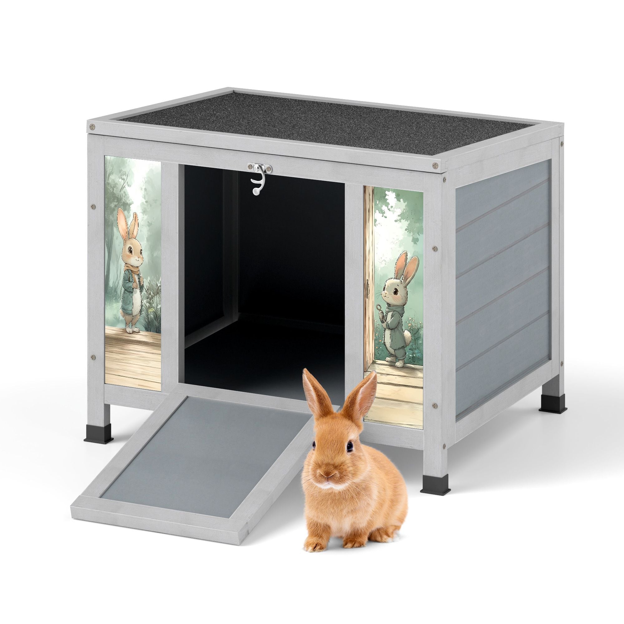 Small Outdoor Wooden Rabbit Hutch with Lockable Door & Weatherproof Roof, Openable Top, Bunny Cage Pet House for Rabbits, Guinea Pigs Cats Chicks , Gray with Colorful Patterns