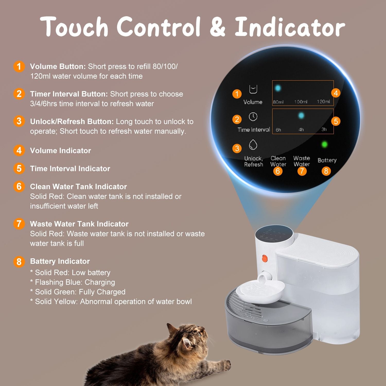Self-Refilling Pet Water Fountain with Touch Timer Controls