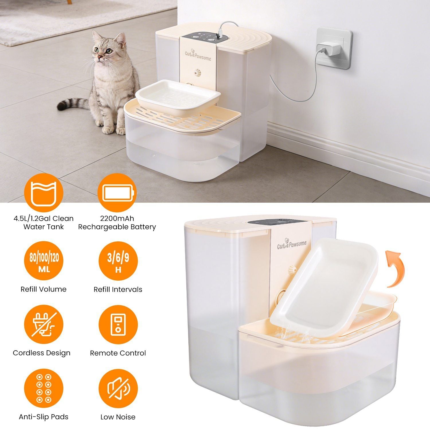 Smart Pet Water Fountain Automatic Cat Water Dispenser 4.5L Cordless Rechargeable Dog Water Fountain