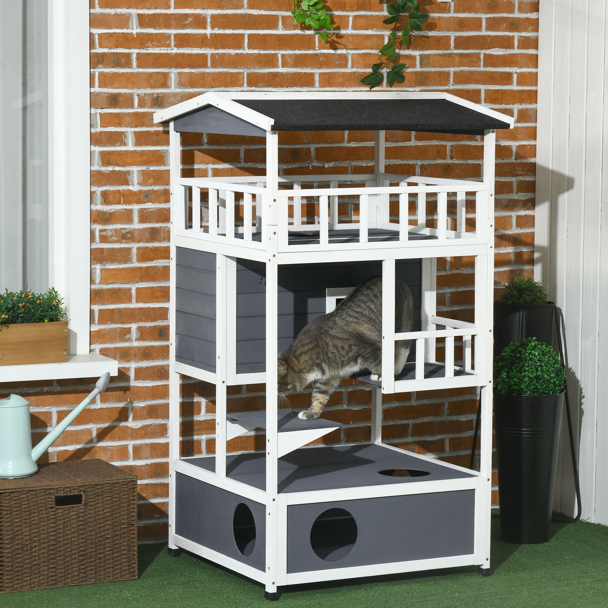 Solid furniture-style 4-Floor Cat Condo with Litter Box Space