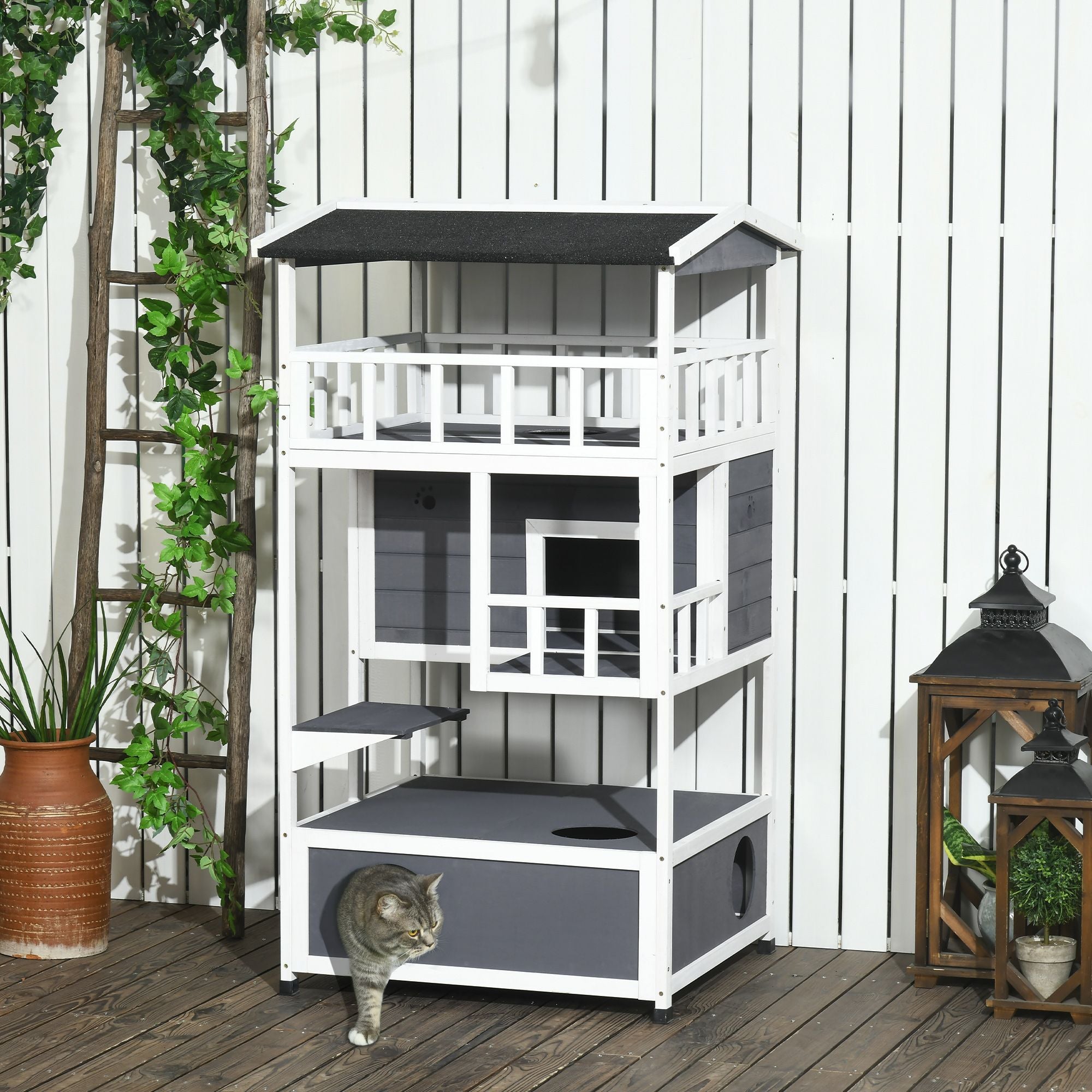 Solid furniture-style 4-Floor Cat Condo with Litter Box Space