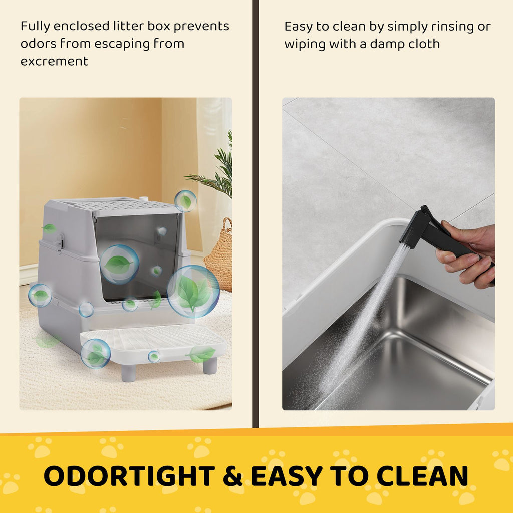 Stainless Steel Cat Litter Box, Covered Extra Large Cat Litter Box Enclosure, Metal Kitty Litter Boxes with Lid, Litter Scoop, and Filter Pedal, Anti-Leakage, Non-Stick, Easy to Clean
