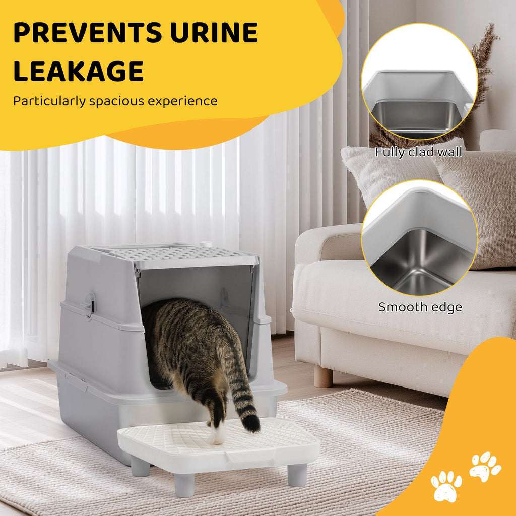 Stainless Steel Cat Litter Box, Covered Extra Large Cat Litter Box Enclosure, Metal Kitty Litter Boxes with Lid, Litter Scoop, and Filter Pedal, Anti-Leakage, Non-Stick, Easy to Clean