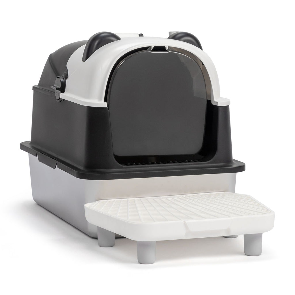 Stainless Steel Cat Litter Box with Panda Design, Extra Large Litter Box with Lid for Big Cats, Enclosed Removable Metal Litter Boxs with High Sided Enclosure & Scoop & Filter Pedal, Anti-Leakage, Non