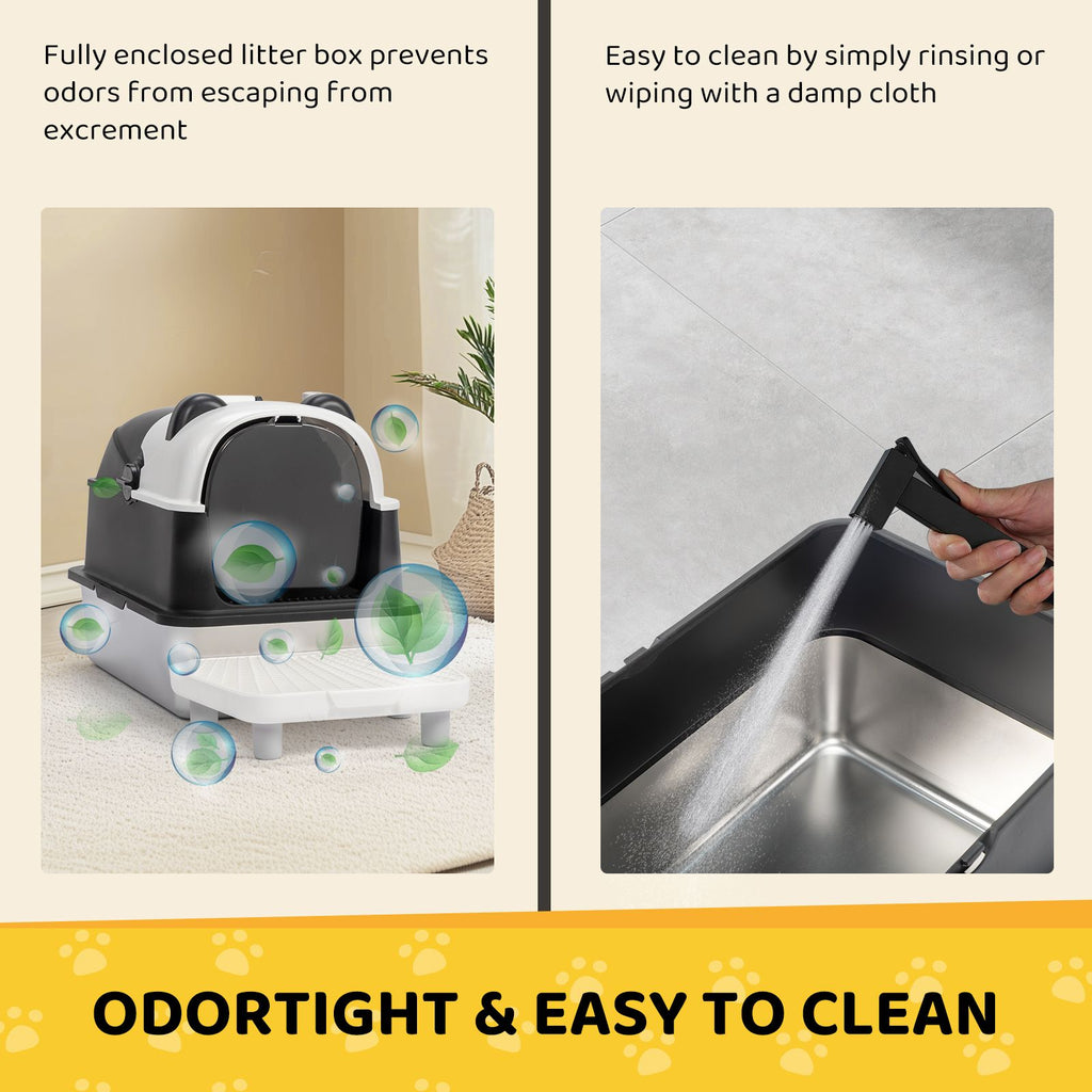 Stainless Steel Cat Litter Box with Panda Design, Extra Large Litter Box with Lid for Big Cats, Enclosed Removable Metal Litter Boxs with High Sided Enclosure & Scoop & Filter Pedal, Anti-Leakage, Non