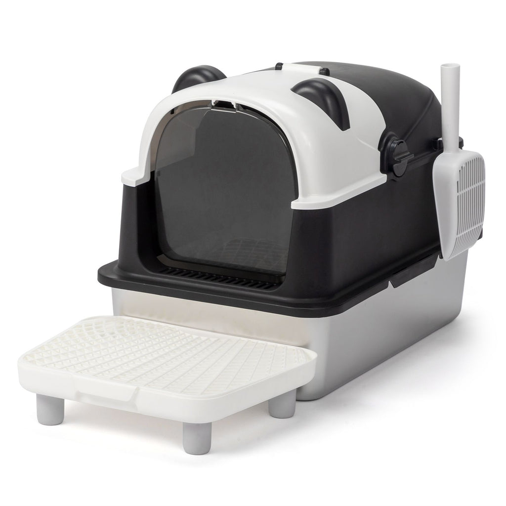 Stainless Steel Cat Litter Box with Panda Design, Extra Large Litter Box with Lid for Big Cats, Enclosed Removable Metal Litter Boxs with High Sided Enclosure & Scoop & Filter Pedal, Anti-Leakage, Non