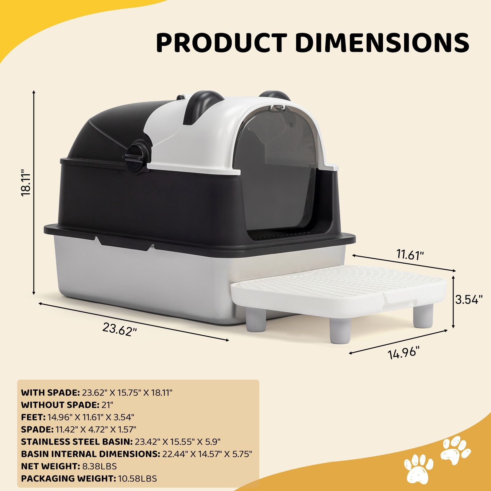 Stainless Steel Cat Litter Box with Panda Design, Extra Large Litter Box with Lid for Big Cats, Enclosed Removable Metal Litter Boxs with High Sided Enclosure & Scoop & Filter Pedal, Anti-Leakage, Non