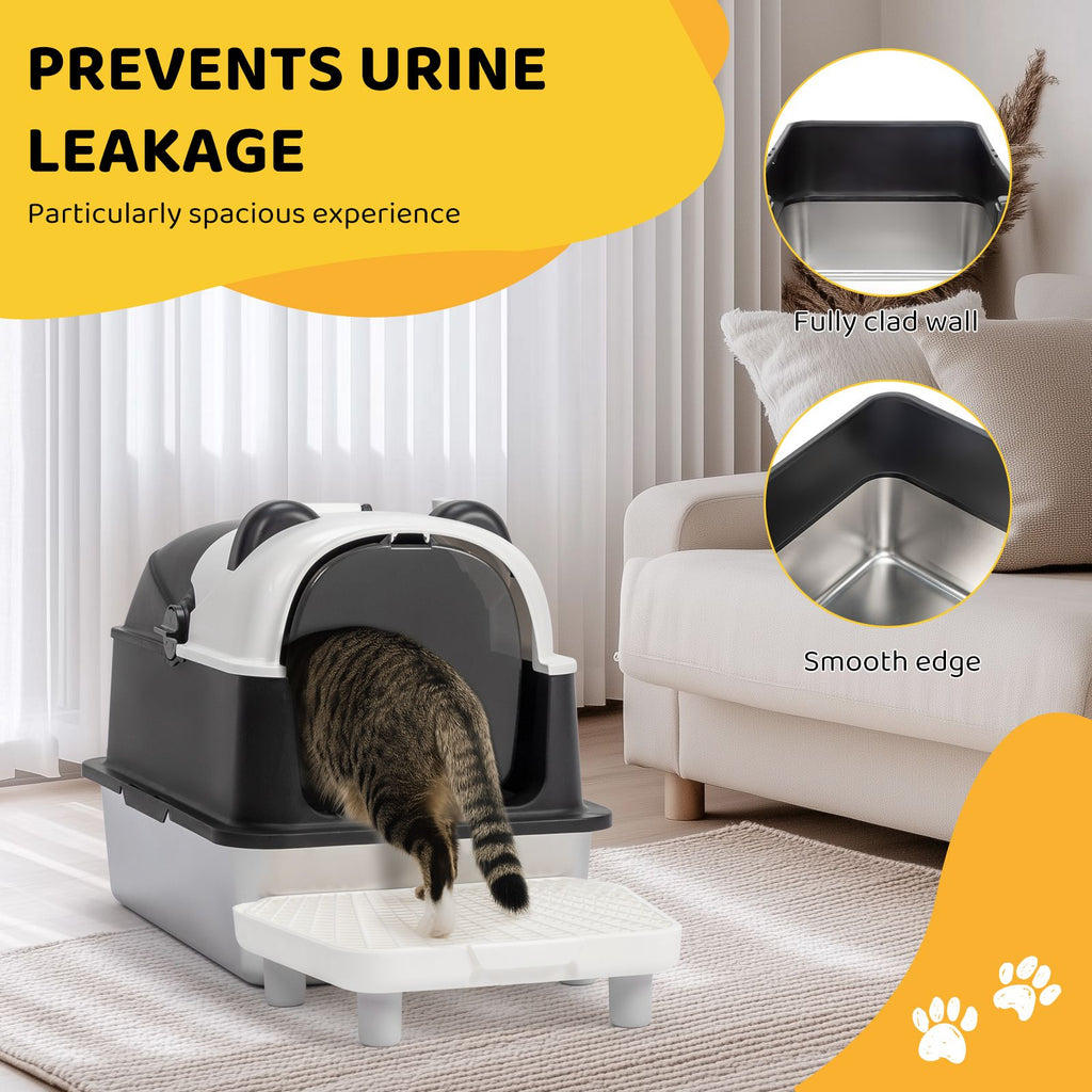Stainless Steel Cat Litter Box with Panda Design, Extra Large Litter Box with Lid for Big Cats, Enclosed Removable Metal Litter Boxs with High Sided Enclosure & Scoop & Filter Pedal, Anti-Leakage, Non
