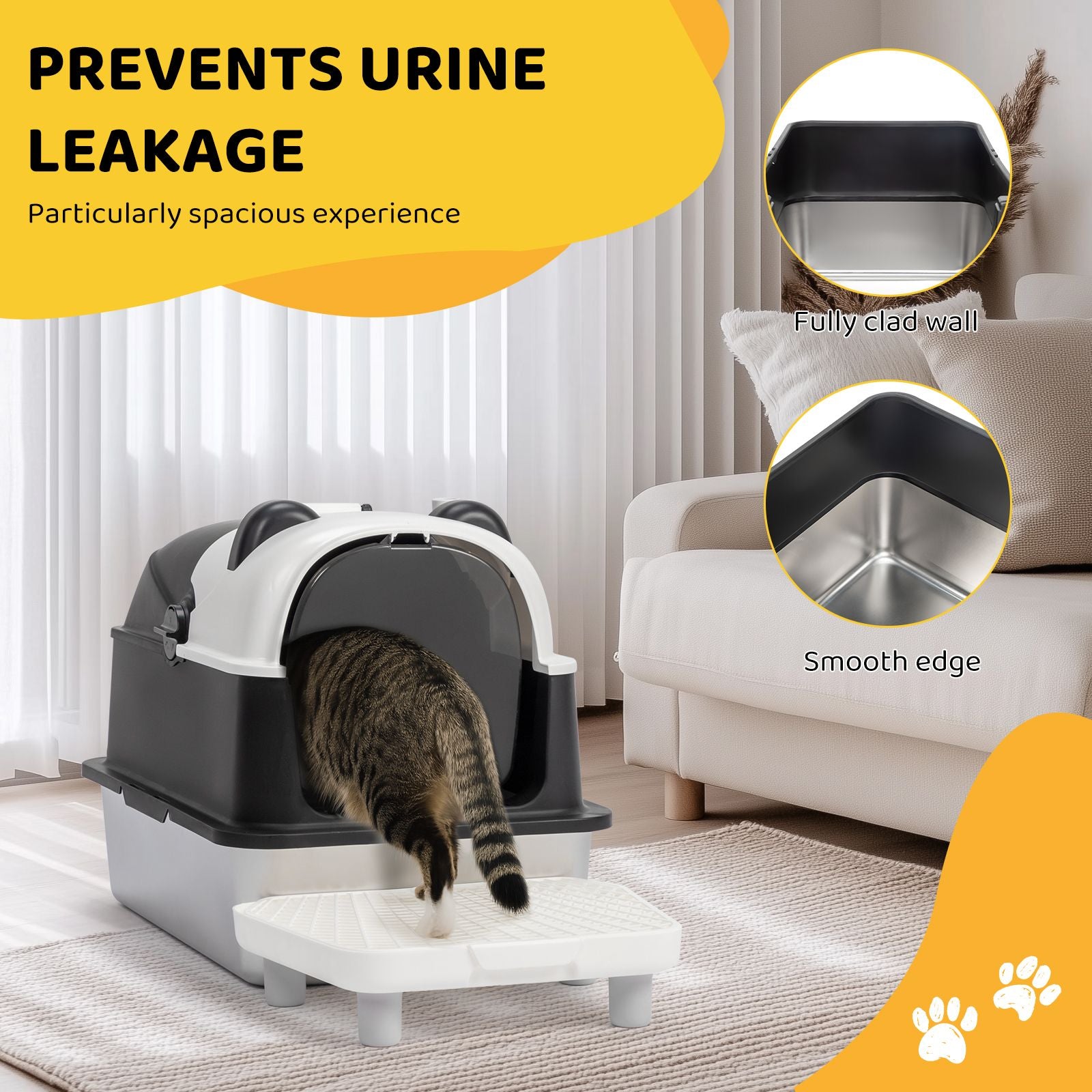 Stainless Steel Cat Litter Box with Panda Design, Extra Large Litter Box with Lid for Big Cats, Enclosed Removable Metal Litter Boxs with High Sided Enclosure & Scoop & Filter Pedal, Anti-Leakage, Non