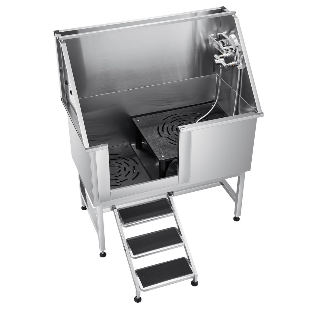 Stainless structured Dog Grooming Tub with Faucet, Showerhead & Anti-Slip Steps