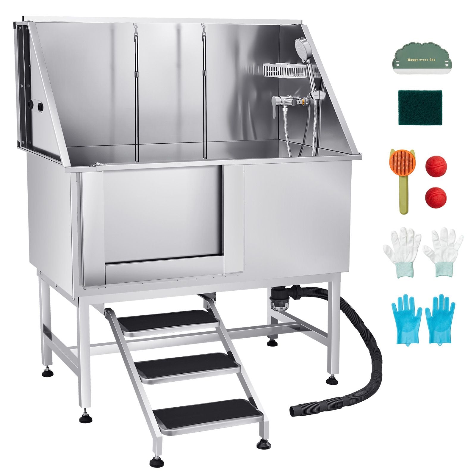 Stainless structured Dog Grooming Tub with Faucet, Showerhead & Anti-Slip Steps