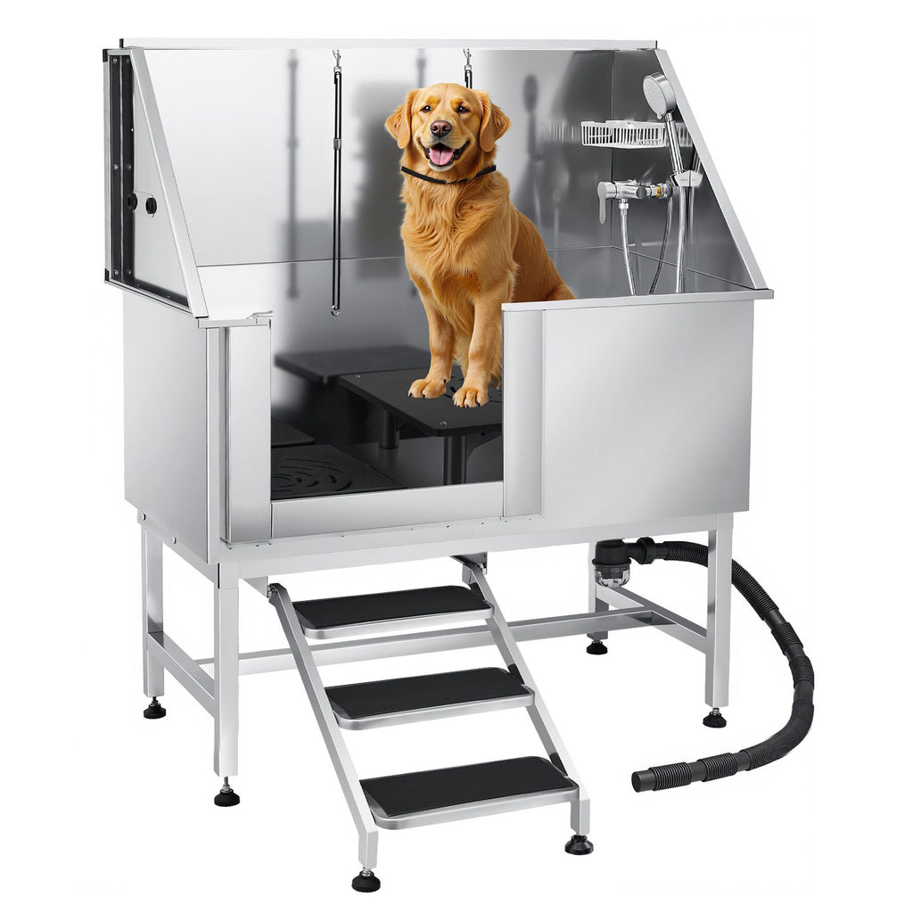 Stainless structured Dog Grooming Tub with Faucet, Showerhead & Anti-Slip Steps