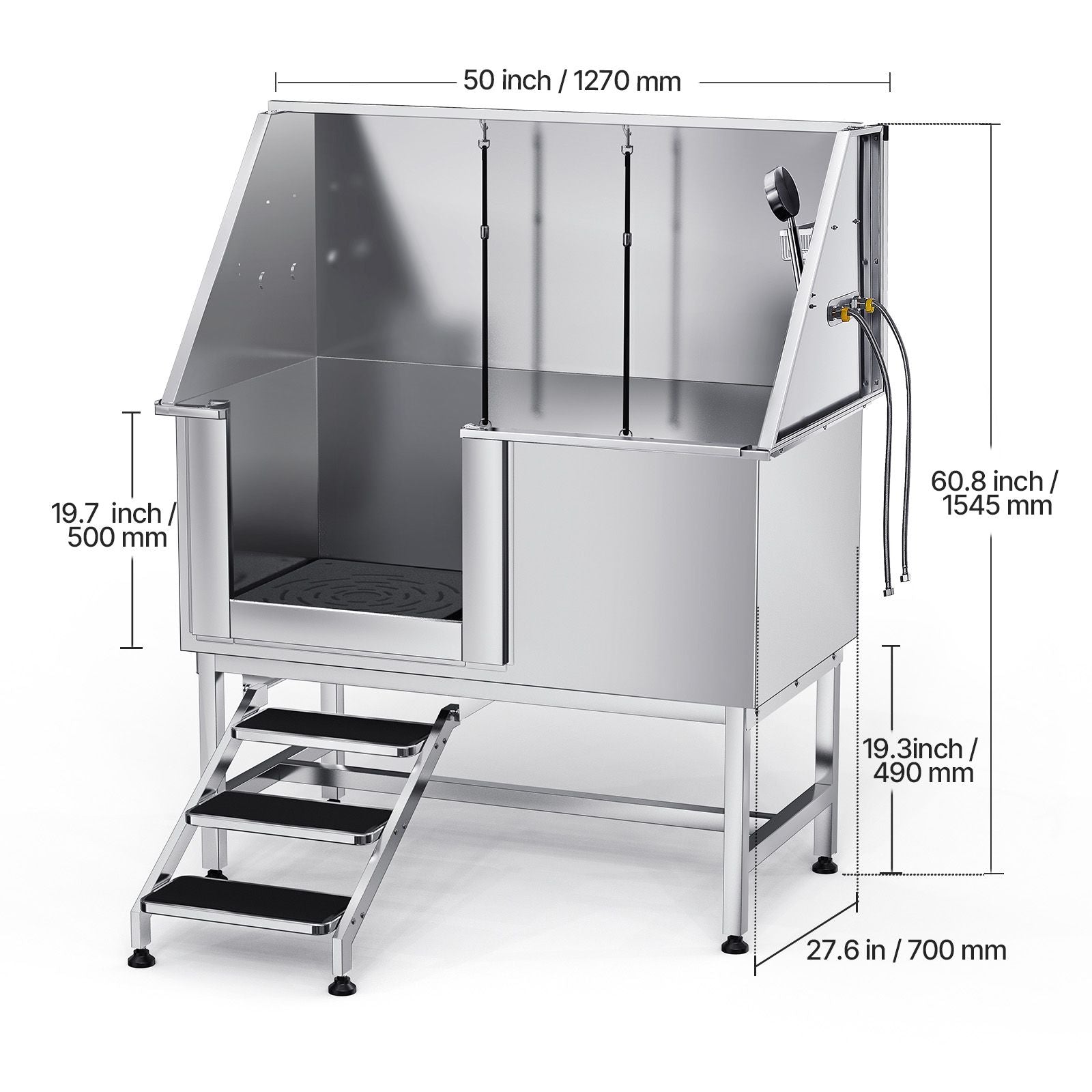 Stainless structured Dog Grooming Tub with Faucet, Showerhead & Anti-Slip Steps