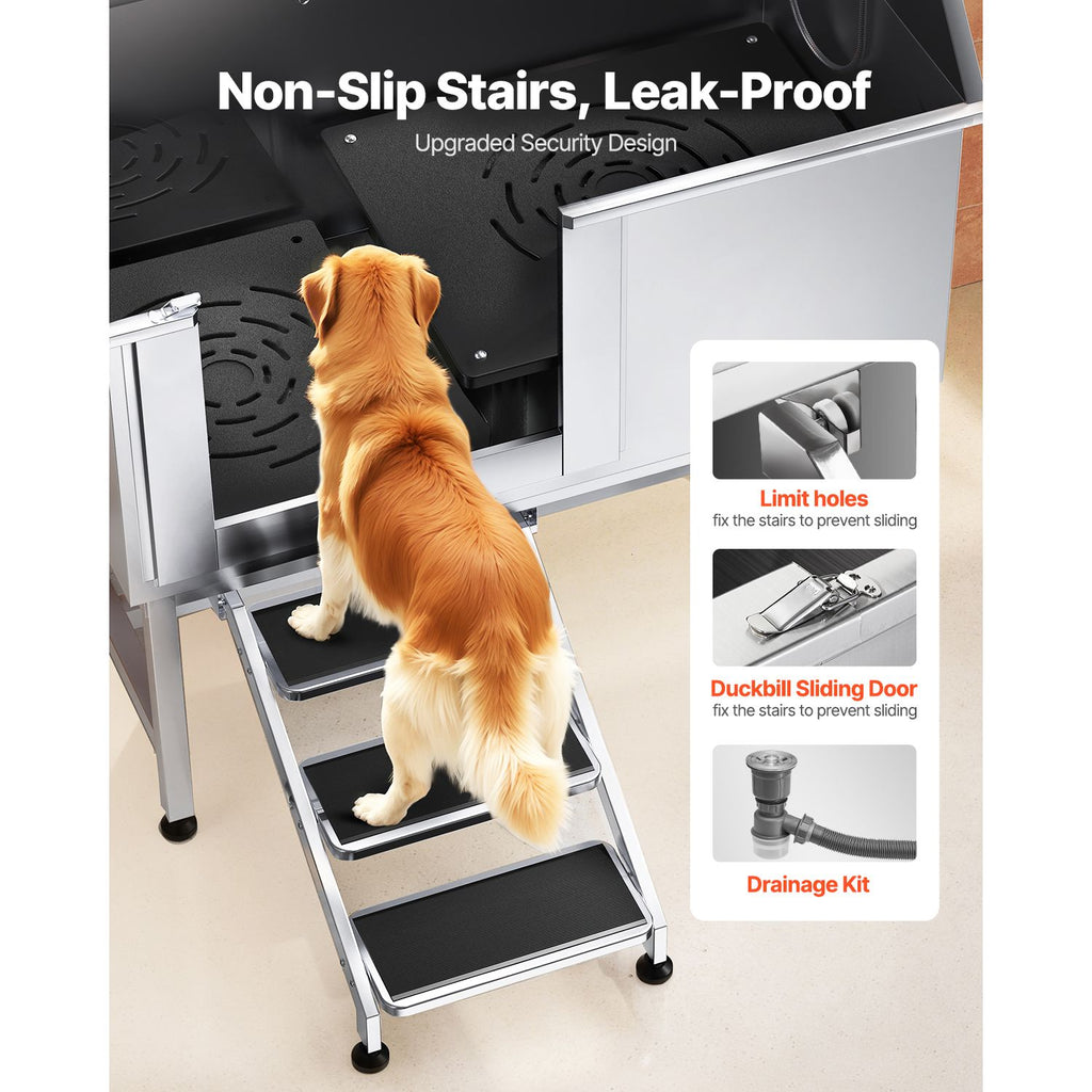 Stainless structured Dog Grooming Tub with Faucet, Showerhead & Anti-Slip Steps