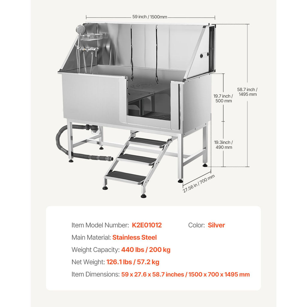 Professional Stainless Steel Dog Washing Station – 62" Grooming Tub with Stairs & Faucet