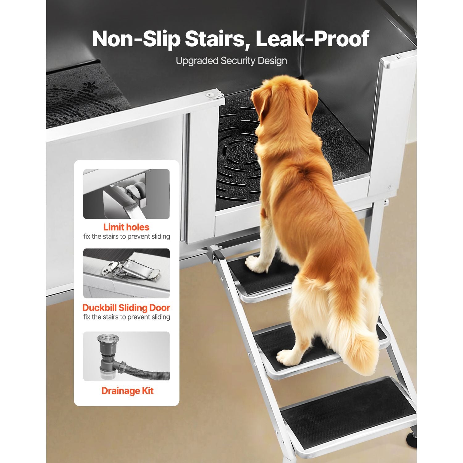 Professional Stainless Steel Dog Washing Station – 62" Grooming Tub with Stairs & Faucet